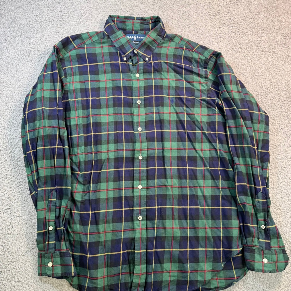 Ralph Lauren Mens XXL Classic Fit Plaid Button Down Shirt Green Blue 100% Cotton
